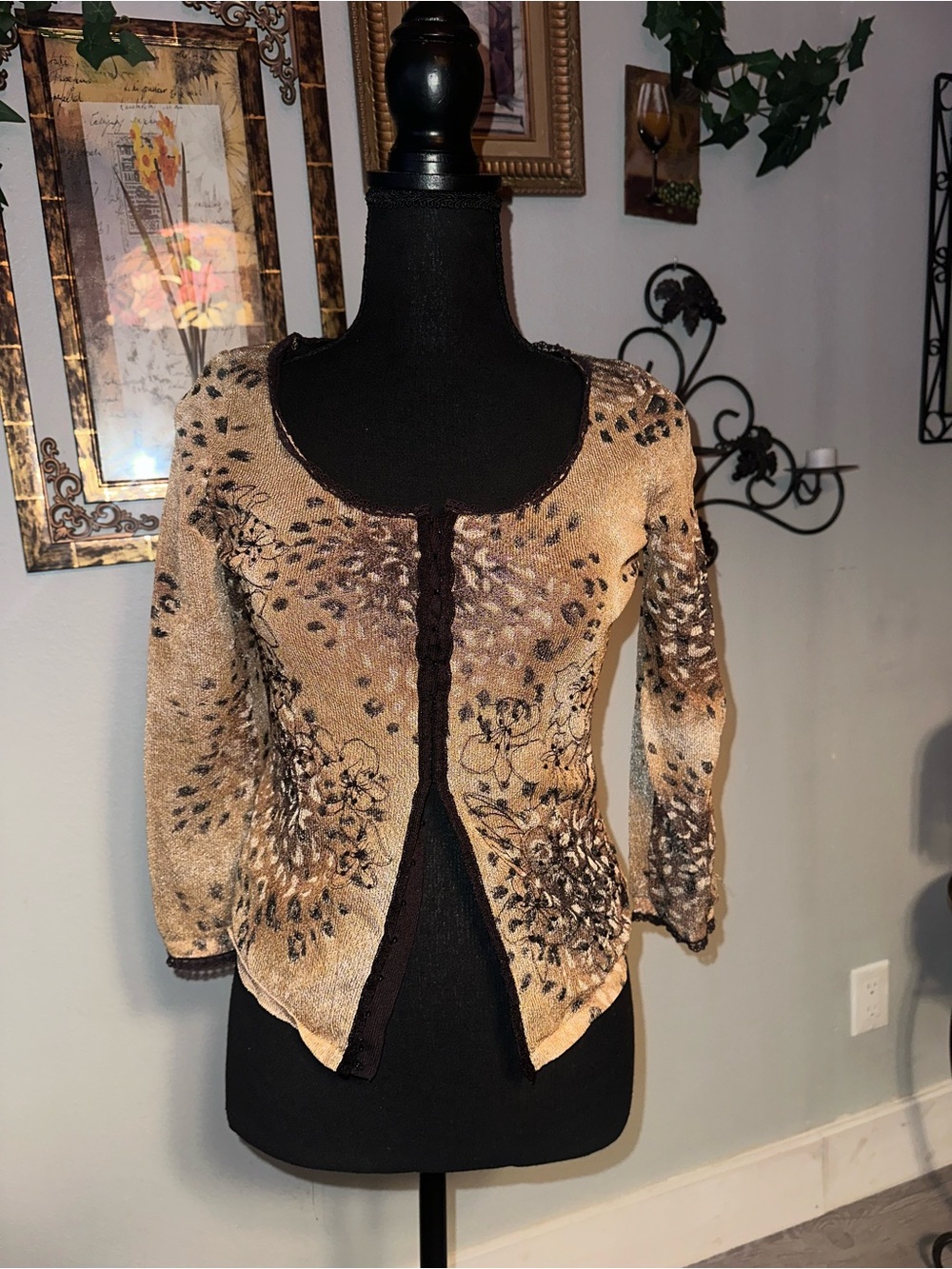 Vintage Dana Buchman Beige & Brown Floral Printed Open Cardigan, Size Petite, S